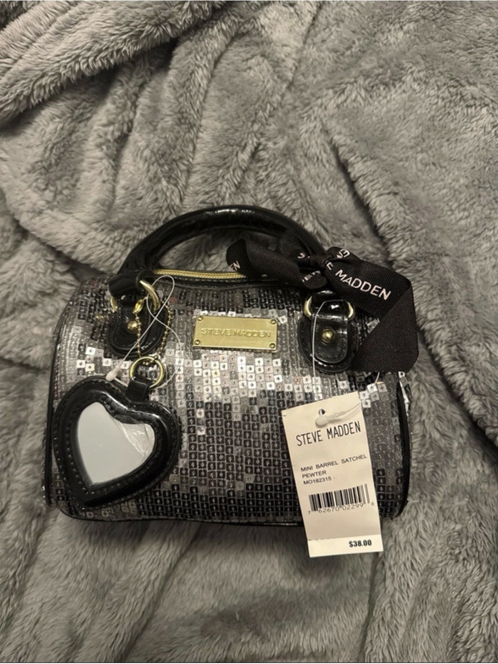 Steve Madden Black and Silver Sequin Mini Barrel Satchel